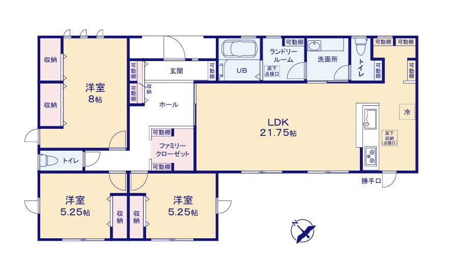 リーブルガーデン  日立市滑川本町　3期　1の間取り|　
☆平屋建てには珍しいトイレ2か所。洗面室と洗濯室も分けられているので来客にも安心です。21帖超の広いLDKですので、家族で集まっても人を招いてもゆったり寛げます。