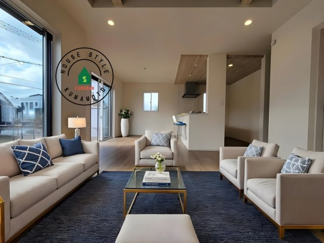 熊本市東区戸島5丁目第1₋4棟(1号棟)の居間・リビング|明るく開放的なリビングダイニングは豊かな陽光が注ぎ込み、やすらぎの空間を演出してくれます。ご家族で楽しいひとときをお過ごし下さい。※家具はCGを合成したものです。