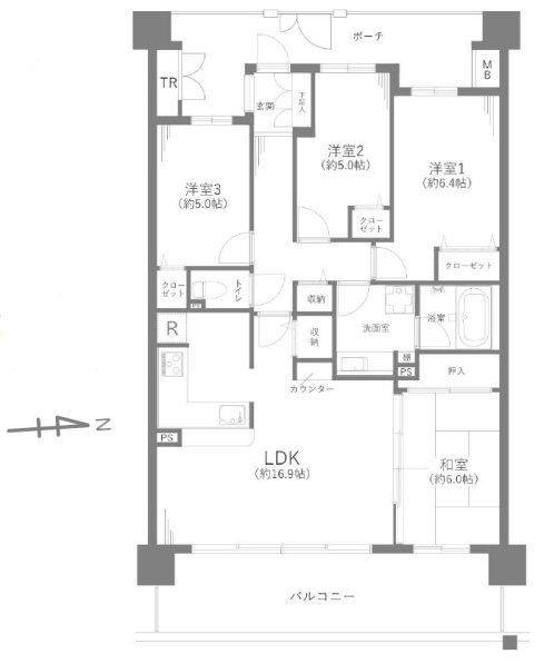 グランレガーロの間取り|【間取り】
4LDK、価格5090万円、専有面積89.63m²、バルコニー面積16.4m²