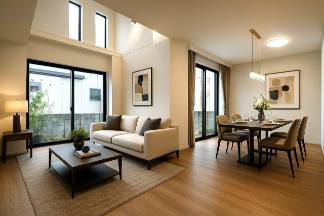 練馬区早宮1丁目　吹抜け大型リビング　限定1棟の居間・リビング|※配置の家具や小物はCGによるイメージで、販売価格には含まれません。