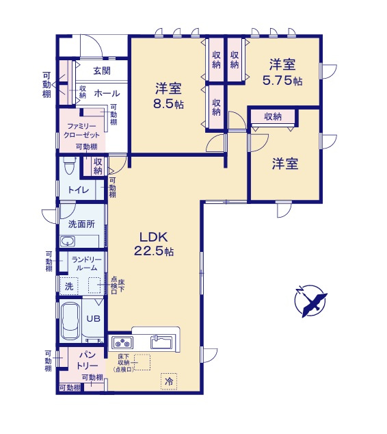 リーブルガーデン  日立市滑川本町　3期　3の間取り|　
☆バスルームに続く洗濯室と洗面室が分けられているので、生活感が見えにくく来客にも安心な間取り。玄関ホールに家族共有の収納スペース。お出掛けのフットワークが軽くなります！