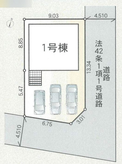 【区画図】 | 南区磯部  1号棟 第57 | 南東角地　南東側・北東側約4.5ｍ各公道　駐車並列3台（車種によります）　敷地面積39.9坪