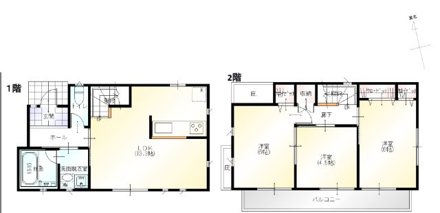 【間取り】 | 西東京市谷戸町３丁目　新築戸建て | 南面広々ワイドバルコニーであたたかな陽だまりにつつまれます