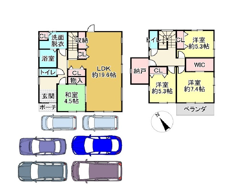 新市町戸手　太陽光・蓄電池電化住宅　駐車場６台の間取り
