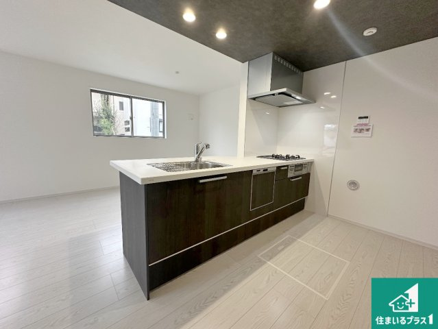 豊中市東豊中町　第1期　新築一戸建てのキッチン|リビングと統一感があり、使い勝手のいいキッチン。広々としているので、二人並んで作業が出来ちゃいます。お子様と一緒に色々なお料理に挑戦できるスペースがあります。