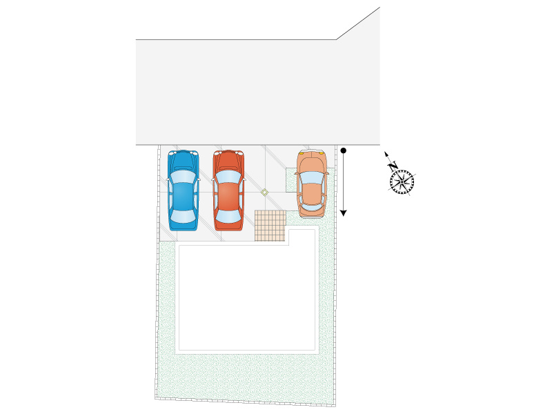 久喜市西（全28区画）13号棟　区画図　3台駐車可能です。（車種による）洗車やガーデニング、ペットのシャンプーなどにもご活用いただける外水栓付きです。