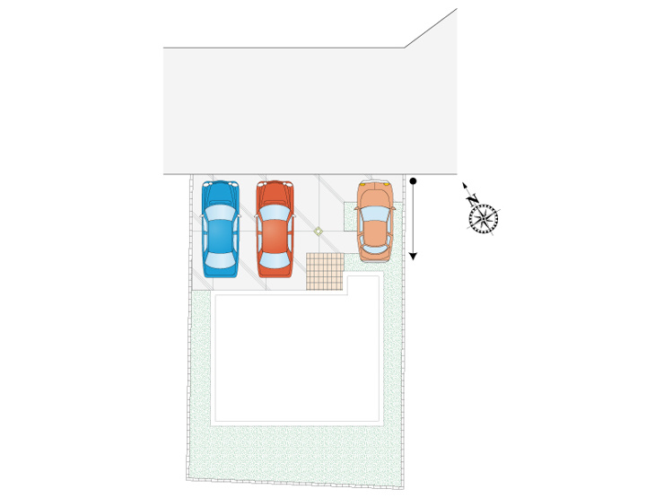 久喜市西（全28区画）13号棟　区画図　3台駐車可能です。（車種による）洗車やガーデニング、ペットのシャンプーなどにもご活用いただける外水栓付きです。