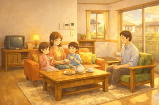 【その他】 | サントレージュ | サントレージュのリビングをモデルにした家族団らんのイメージ画像です。