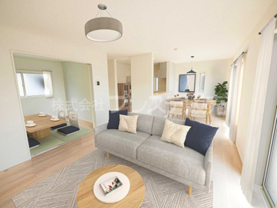 【居間・リビング】 | 奈良市押熊町の新築一戸建 全２区画 | 現地写真（１号地リビング）ＬＤＫは広々１７帖！南向きですので、陽あたり良好です♪