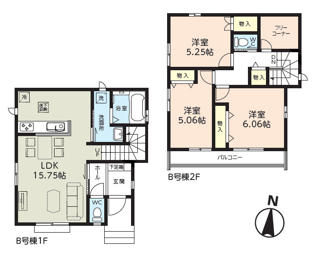 練馬区大泉町1丁目　土地30坪超　ZEH水準住宅　全2棟の間取り|B号棟　3LDK+FS　土地面積100.41m2　建物面積83.84m2