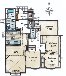蓮田市西新宿3丁目　全1棟の間取り|平屋3LDK＋土間収納。17.35帖LDK＆10.26帖可変室で将来2部屋化◎駐車2台・前面4.2m。黒浜西小4分＆公園2分、駅へ自転車15分orバス11分＋停歩7分。買い物施設も15分圏。