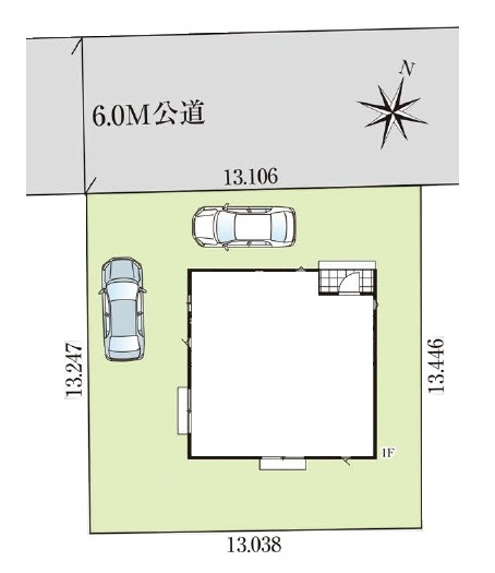 日高市武蔵台5丁目・全1棟　新築一戸建　～収納充実～の区画図|広々6ｍ道路に面した綺麗な整形地。カースペースは2台分ございます。