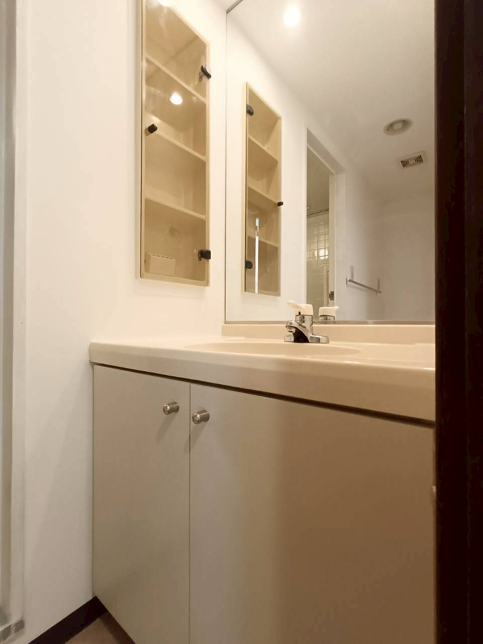 三郷ガーデンハウスの独立洗面台|鏡の後ろに収納スペースがあります、散らかりやすい洗面スペースをすっきりさせる事が出来ます