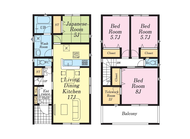 【間取り】 | 富士見市水谷東1丁目　新築一戸建住宅　全2棟　(志木本店) | 和室がキッチンのそばに設けられているのでベビールームとしても便利です。
主寝室にある2帖のテレワークルームは仕事や趣味、メイクルームや家事スペースなど使い方いろいろ。