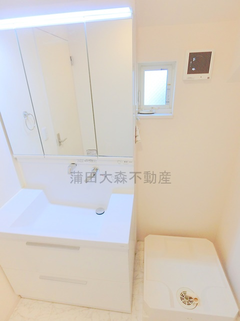 山王2丁目戸建の洗面所|3面鏡の独立洗面台　室内洗濯機置場　洗面脱衣所　