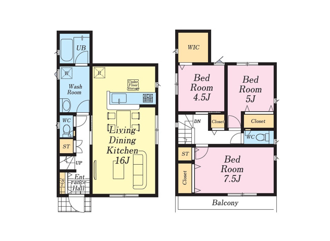 【間取り】 | 富士見市水谷東1丁目　新築一戸建住宅　全2棟　(志木本店) | ワンフロアタイプのLDKはエアコンの冷暖房効率が良いので電気代の節約にもなります。
各階ホールに収納が設けられているので季節家電や掃除用具などもまとめて保管できます。