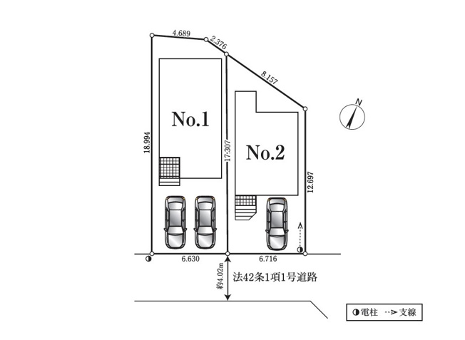 【区画図】 | 富士見市水谷東1丁目　新築一戸建住宅　全2棟　(志木本店) | 前面道路は交通量が少ないので車の出し入れもスムーズに行えます。