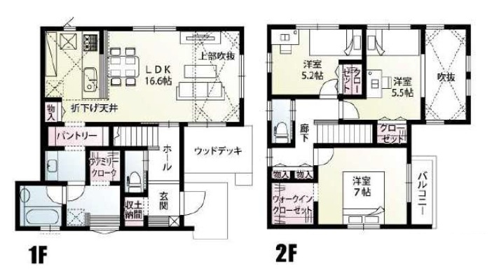 入間市下藤沢2丁目・全10棟　新築一戸建　2号棟の間取り|吹抜けで開放感あふれるLDK16.6帖、パントリーやWICなど充実した収納スペースもポイントです！