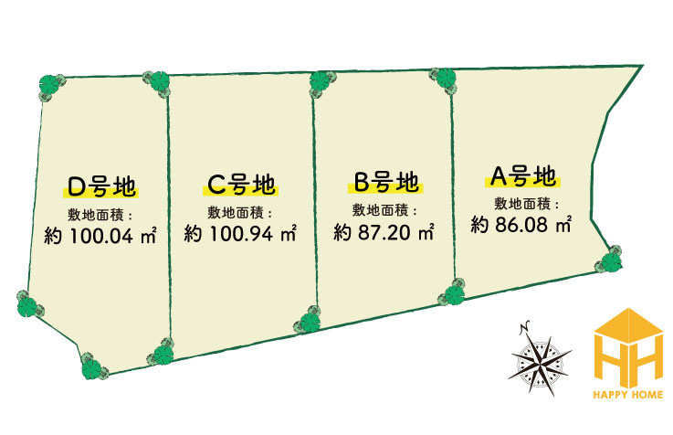 ハッピータウン伊丹寺本2丁目新築戸建│4LDK+駐車1台可の区画図|全4区画の分譲地です。