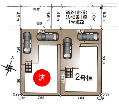 クレイドルガーデン　東区八反田第6　2号棟の区画図|普通車が2台駐車できます