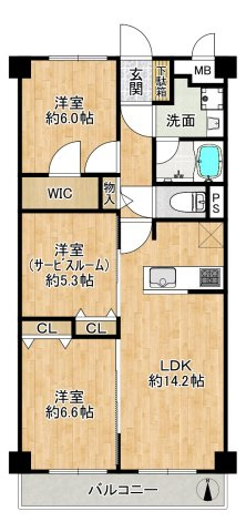 新大阪グランドハイツ2号棟の間取り|◆専有面積：72.00㎡、3LDK＋WIC、広々LDK約14.2帖！