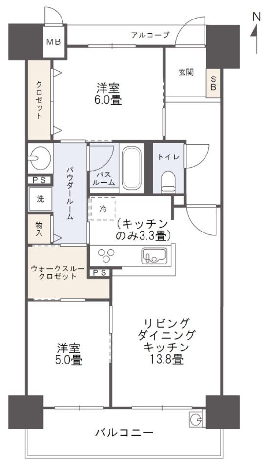 アルファスマート総社駅南の間取り|2LDK、専有面積63.28㎡、バルコニー面積8.77㎡