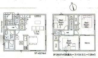 【間取り】 | 海老名市社家2丁目  6号棟 第16 | 防犯カメラ（利用時Wifi接続必要）　引き違い窓シャッター付　人感センサー付玄関灯　インナーバルコニー　浴室乾燥機+窓　全居室収納　LDK17.6帖