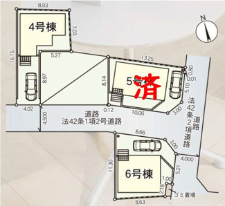 【区画図】 | 海老名市社家2丁目  6号棟 第16 | ※4号棟ご成約済　6号棟　角地　東側約4ｍ（セットバック済）・北側約4.5ｍ各公道　駐車1台（車種によります）　敷地面積30.3坪