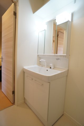 メゾン ド グラン アーブルの洗面所|3面鏡のシャンプードレッサー♪上部に収納棚有り