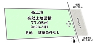 【土地図】 | 右京区太秦朱雀町　建築条件なし | 《1号地》2600万円　土地面積：有効77.05平米　私道負担：約10.72平米