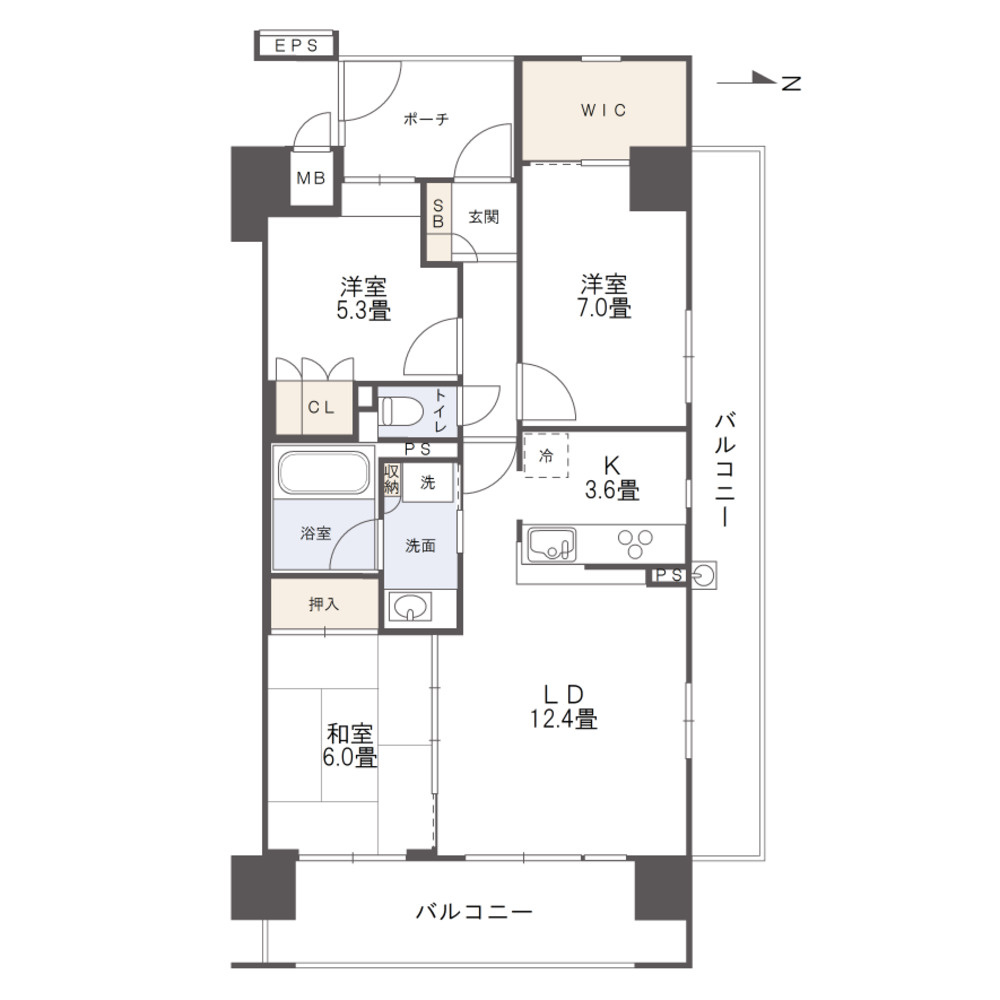 アルファステイツ倉敷駅前の間取り|・間取図
3LDK、専有面積77.87㎡、バルコニー面積25.68㎡