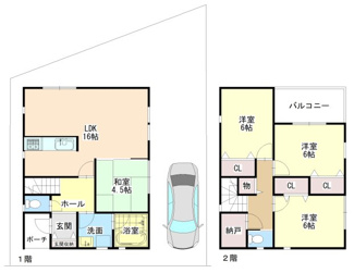 【間取り】 | ■値下げしました■高槻市東五百住町三丁目　新築戸建 | ■4SＬＤＫ＋カースペース■対面式システムキッチン■ユニットバス・浴室換気暖房乾燥機付■洗浄便座■シャワードレッサー■人感センサー付き玄関灯■TVモニター付インターホン■全居室ペアガラスなど
