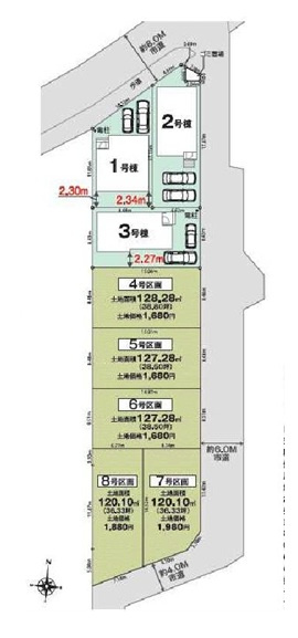 飯能市双柳・全8棟　新築一戸建　1号棟　～大容量WICあり～の区画図|1号棟は歩道付きの約8ｍの広々とした道路に面しており、開放感溢れる立地です。