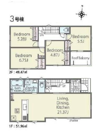 飯能市双柳・全8棟　新築一戸建　3号棟　～LDK21.3帖～の間取り|21.37帖のLDKがポイントの広々4LDK♪