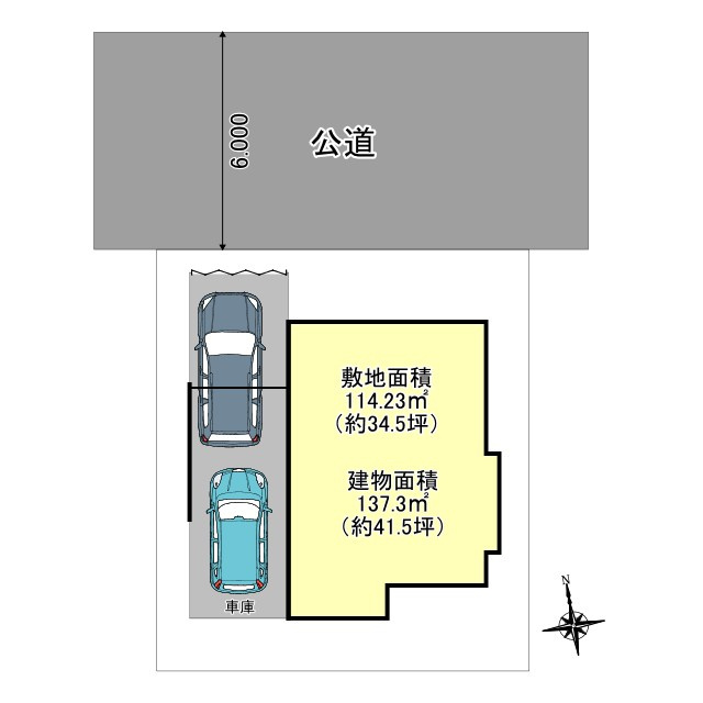 三郷市早稲田5丁目　中古戸建の区画図|カースペース縦列2台可能、前面道路6ｍでゆったりとした邸宅です