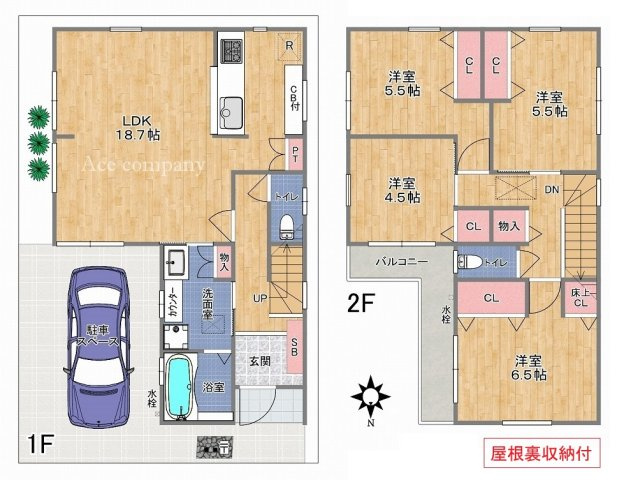 【間取り】 | 東大阪市大蓮東4丁目 | 【2階建4LDK♪LDKゆったり18.7帖♪玄関電子キーシステム・食洗機＆浄水器・衣類乾燥機・浴室乾燥機完備☆ベタ基礎・ペアガラス・24時間換気システム☆屋根裏収納付きです♪】