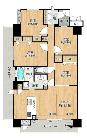 アッド・パー・プレイスの間取り|◆専有面積：92.77㎡、4LDK、広々LDK約18.1帖、角部屋！