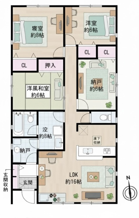 クレイドルガーデン阪南市自然田第3　1号棟の間取り|2330万円　土地59.32坪　建物29.03坪　人気の平屋！　3LDK(家具は入りません）