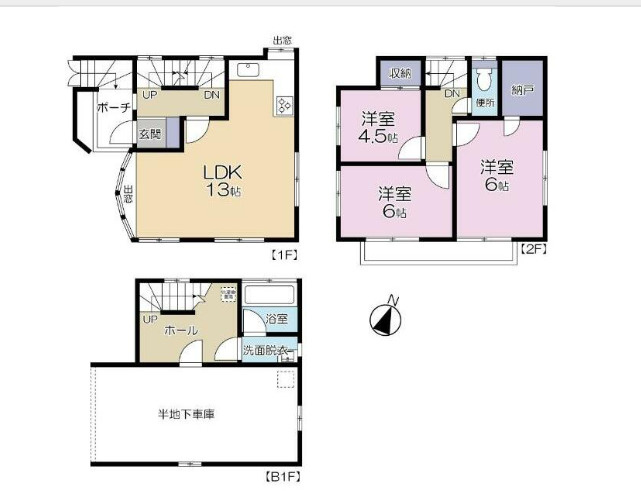 世田谷区弦巻１丁目戸建　南東向き　３面採光　TVドアフォンの間取り
