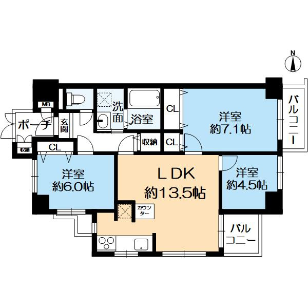 シンフォニー桃山の間取り|壁芯67.5㎡。3LDKの間取り。