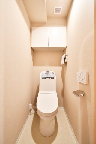 ライネスハイム東浦和のトイレ|トイレ：奥行きにゆとりがあり、圧迫感の少ないトイレスペース。吊戸棚付きで、トイレットペーパーなどの備品補充も楽々行えます。掃除用具をしまうと清潔感も消す事ができ、イマドキなお部屋にできます。
