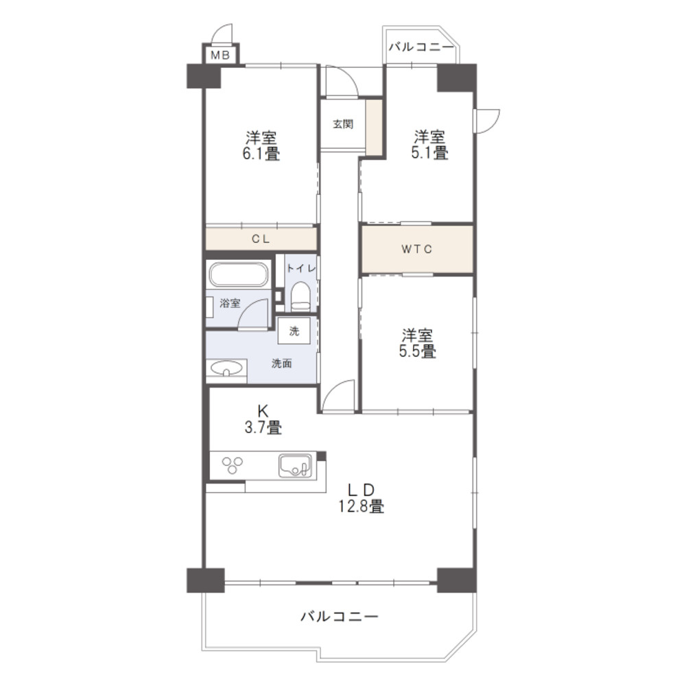 サーパス北新保の間取り|１０階建て１０階部分、南東角部屋