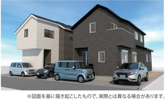 【外観パース】 | 【仲介手数料無料！！】日野市大坂上3丁目　新築戸建て（全2棟）2号棟　5590万円 | 本パースは、イメージ図につき、風景、建物、植栽などについては施工後の現物との差異が生じます
つきまして本パースによって生じたいかなる損害については一切責任を負いません