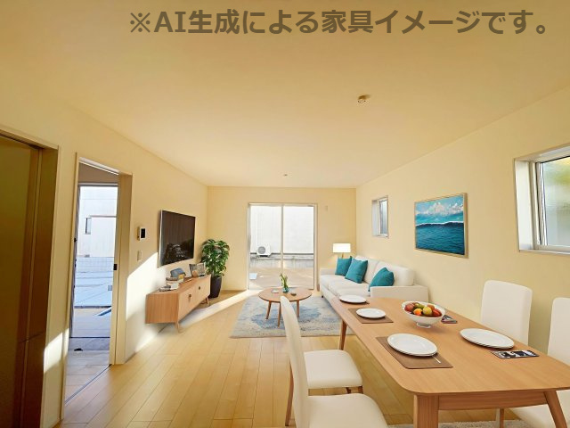 新築戸建・新築建売　いわき市勿来町関田西２丁目１期　勿来二小・勿来二中の居間・リビング|白を基調とした内装は空間を広く見せナチュラルで洗練された印象を与えます♪