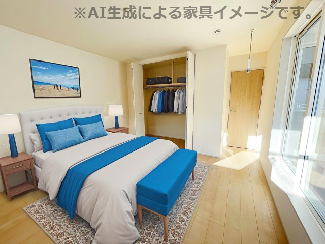 新築戸建・新築建売　いわき市勿来町関田西２丁目１期　勿来二小・勿来二中の洋室|2面採光で明るい洋室です！ホワイト基調の爽やか空間からインナーバルコニーにも出られます♪