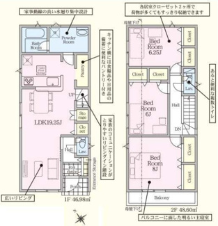 【間取り】 | 中央区田名  3号棟 第145 | 防犯カメラ（利用時Wifi接続必要）　人感センサー付玄関灯　浴室乾燥機+窓　全居室収納　LDK19.2帖　全居室6帖以上