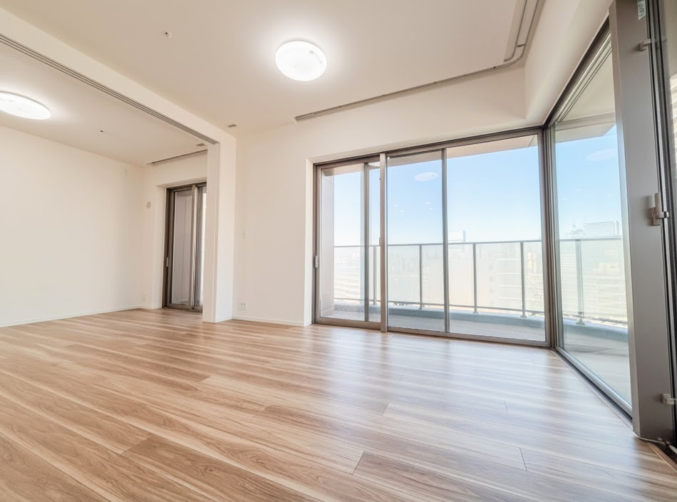 二面採光の角住戸ならではの明るいリビング。光が降り注ぐ大きな窓が開放感を演出し、家族が自然と集まる心地よい空間です。木の温もりを感じるフローリングが、上質な暮らしを優しく包み込みます。