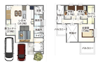 【参考プラン】 | 城陽市寺田大谷　売土地　建築条件付き | ・参考プラン価格：2640万（別途外構費230万、造成費等-万）
・建物価格は参考価格になります。
（弊社標準建物30坪で計算した価格です）
・参考プラン延床面積：104㎡