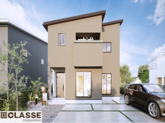 【外観パース】 | 城陽市寺田大谷　売土地　建築条件付き | 参考プランになりますので、お客様のお好みの外観を一緒に作らせていただきます。外壁には、メンテナンスが楽な光セラを採用しており、汚れがつきにくく、色あせもしにくいのでおススメです！