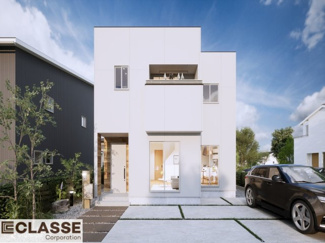 【外観パース】 | 城陽市寺田大谷　売土地　建築条件付き | 標準仕様（アトリエスタイルハウス仕様）で断熱材は気密性、断熱性能も高い、吹付断熱を採用。屋根断熱を実現していますので、お家全体が冬はあったかく、夏は涼しいお家づくりが可能です。